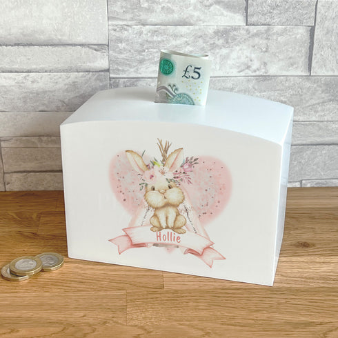 Boho Baby Bunny Rabbit Personalised White wooden money Baby Christening Gift Money Saving Box